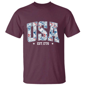 Floral USA T Shirt Est 1776 Patriotic American Girl 4th of July TS10 Maroon Print Your Wear