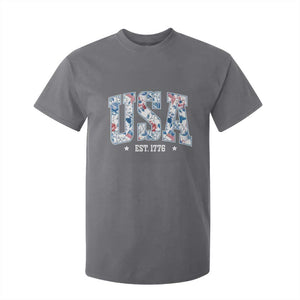 Floral USA T Shirt For Kid Est 1776 Patriotic American Girl 4th of July TS10 Charcoal Print Your Wear