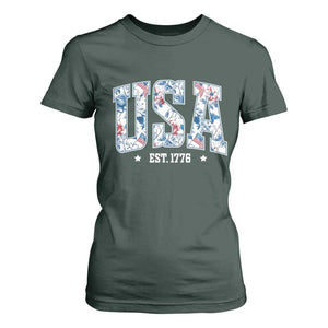 Floral USA T Shirt For Women Est 1776 Patriotic American Girl 4th of July TS10 Dark Forest Green Print Your Wear