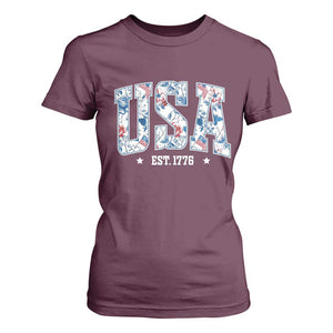 Floral USA T Shirt For Women Est 1776 Patriotic American Girl 4th of July TS10 Maroon Print Your Wear