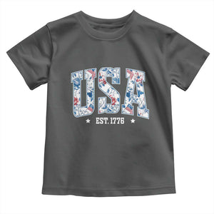 Floral USA Toddler T Shirt Est 1776 Patriotic American Girl 4th of July TS10 Dark Heather Print Your Wear