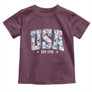 Floral USA Toddler T Shirt Est 1776 Patriotic American Girl 4th of July TS10 Maroon Print Your Wear