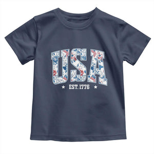Floral USA Toddler T Shirt Est 1776 Patriotic American Girl 4th of July TS10 Navy Print Your Wear