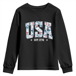 Floral USA Youth Sweatshirt Est 1776 Patriotic American Girl 4th of July TS10 Black Print Your Wear