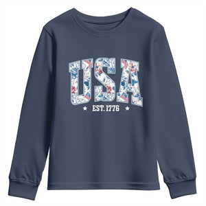 Floral USA Youth Sweatshirt Est 1776 Patriotic American Girl 4th of July TS10 Navy Print Your Wear