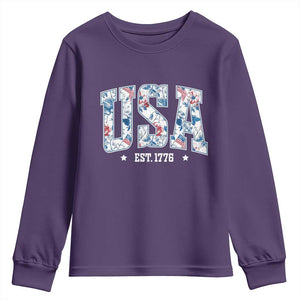 Floral USA Youth Sweatshirt Est 1776 Patriotic American Girl 4th of July TS10 Purple Print Your Wear