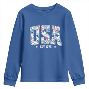 Floral USA Youth Sweatshirt Est 1776 Patriotic American Girl 4th of July TS10 Royal Blue Print Your Wear