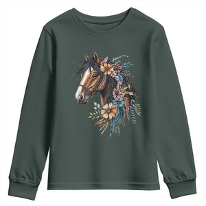 Floral Wild Horse Country Horse Riding Youth Sweatshirt TS11 Dark Forest Green Print Your Wear