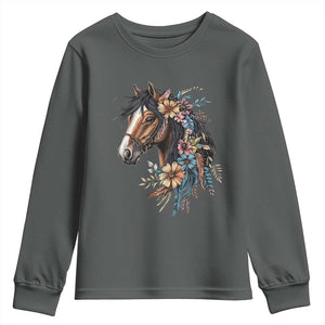 Floral Wild Horse Country Horse Riding Youth Sweatshirt TS11 Dark Heather Print Your Wear