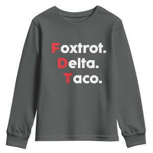 Foxtrot Delta Taco Youth Sweatshirt Subtle FDT Resist TS10 Dark Heather Print Your Wear