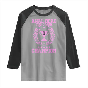 Funny #1 Anal Bead Tug O War Champion Raglan Shirt Pink Adult Humor Cringe - PrintYourWear Size: XS Color: Sport Gray/Black