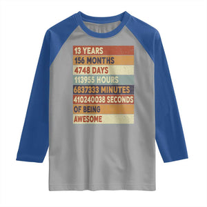 Funny 13th Birthday Raglan Shirt 13 Years 156 Months 4748 Days Vintage Retro TS11 Sport Gray Royal Print Your Wear