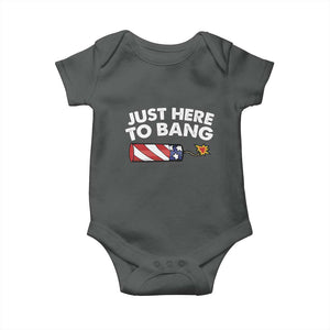 Funny 4th July Just Here To Bang Baby Onesie USA Fireworks American Flag TS10 Dark Heather Print Your Wear