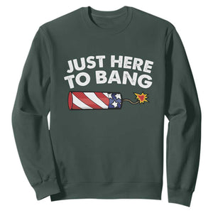 Funny 4th July Just Here To Bang Sweatshirt USA Fireworks American Flag TS10 Dark Forest Green Print Your Wear