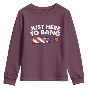 Funny 4th July Just Here To Bang Youth Sweatshirt USA Fireworks American Flag TS10 Maroon Print Your Wear