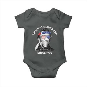 Funny 4th Of July Baby Onesie Sippin On Liber Tea Liberty Abe Lincoln 1776 USA Flag TS10 Dark Heather Print Your Wear