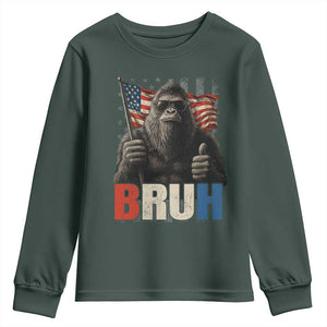 Funny 4th Of July Bigfoot Bruh Youth Sweatshirt Patriotic Sasquatch American US Flag TS11 Dark Forest Green Print Your Wear