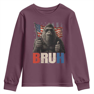 Funny 4th Of July Bigfoot Bruh Youth Sweatshirt Patriotic Sasquatch American US Flag TS11 Maroon Print Your Wear