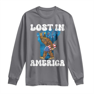 Funny 4th Of July Bigfoot Lost In America Long Sleeve Shirt Patriotic Sasquatch Rocket Footprint Fireworks TS11 Charcoal Print Your Wear
