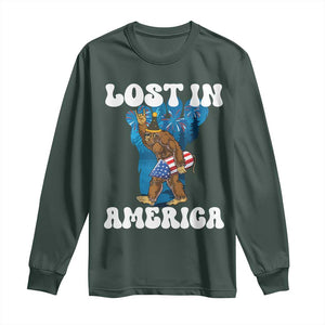 Funny 4th Of July Bigfoot Lost In America Long Sleeve Shirt Patriotic Sasquatch Rocket Footprint Fireworks TS11 Dark Forest Green Print Your Wear