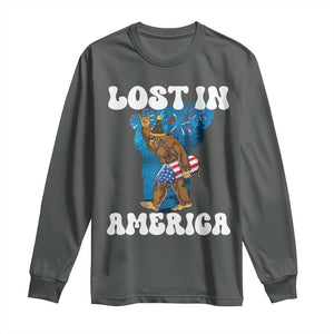 Funny 4th Of July Bigfoot Lost In America Long Sleeve Shirt Patriotic Sasquatch Rocket Footprint Fireworks TS11 Dark Heather Print Your Wear