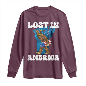 Funny 4th Of July Bigfoot Lost In America Long Sleeve Shirt Patriotic Sasquatch Rocket Footprint Fireworks TS11 Maroon Print Your Wear