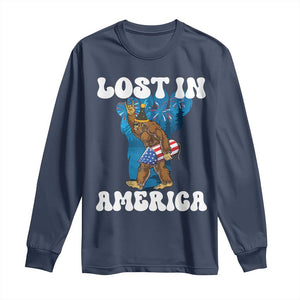 Funny 4th Of July Bigfoot Lost In America Long Sleeve Shirt Patriotic Sasquatch Rocket Footprint Fireworks TS11 Navy Print Your Wear