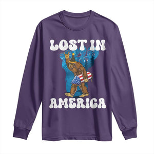 Funny 4th Of July Bigfoot Lost In America Long Sleeve Shirt Patriotic Sasquatch Rocket Footprint Fireworks TS11 Purple Print Your Wear