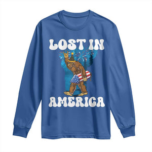 Funny 4th Of July Bigfoot Lost In America Long Sleeve Shirt Patriotic Sasquatch Rocket Footprint Fireworks TS11 Royal Blue Print Your Wear