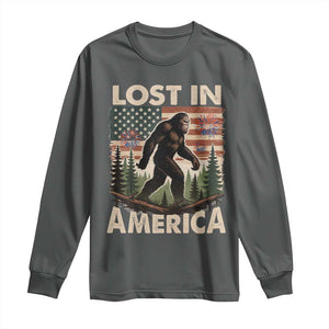 Funny 4th Of July Bigfoot Lost In America Long Sleeve Shirt Patriotic Sasquatch US Flag Fireworks TS11 Dark Heather Print Your Wear