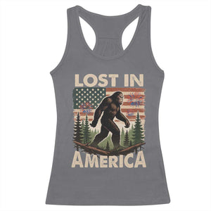 Funny 4th Of July Bigfoot Lost In America Racerback Tank Top Patriotic Sasquatch US Flag Fireworks TS11 Charcoal Print Your Wear