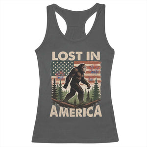 Funny 4th Of July Bigfoot Lost In America Racerback Tank Top Patriotic Sasquatch US Flag Fireworks TS11 Dark Heather Print Your Wear