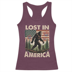Funny 4th Of July Bigfoot Lost In America Racerback Tank Top Patriotic Sasquatch US Flag Fireworks TS11 Maroon Print Your Wear