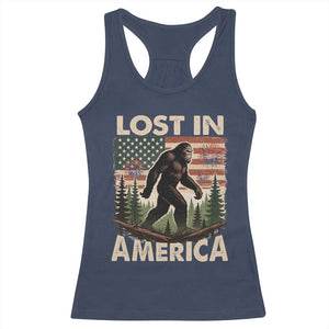 Funny 4th Of July Bigfoot Lost In America Racerback Tank Top Patriotic Sasquatch US Flag Fireworks TS11 Navy Print Your Wear