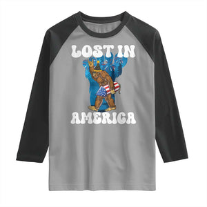 Funny 4th Of July Bigfoot Lost In America Raglan Shirt Patriotic Sasquatch Rocket Footprint Fireworks TS11 Sport Gray Black Print Your Wear