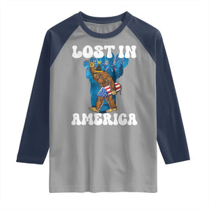 Funny 4th Of July Bigfoot Lost In America Raglan Shirt Patriotic Sasquatch Rocket Footprint Fireworks TS11 Sport Gray Navy Print Your Wear