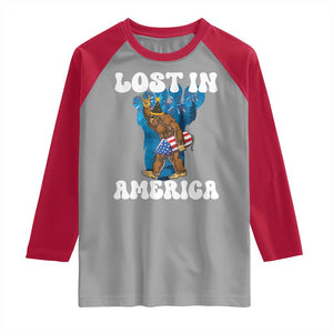 Funny 4th Of July Bigfoot Lost In America Raglan Shirt Patriotic Sasquatch Rocket Footprint Fireworks TS11 Sport Gray Red Print Your Wear