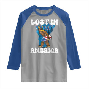 Funny 4th Of July Bigfoot Lost In America Raglan Shirt Patriotic Sasquatch Rocket Footprint Fireworks TS11 Sport Gray Royal Print Your Wear