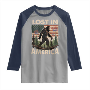 Funny 4th Of July Bigfoot Lost In America Raglan Shirt Patriotic Sasquatch US Flag Fireworks TS11 Sport Gray Navy Print Your Wear