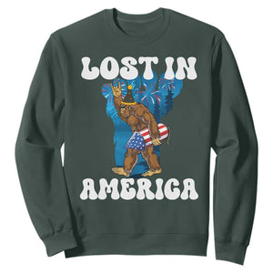 Funny 4th Of July Bigfoot Lost In America Sweatshirt Patriotic Sasquatch Rocket Footprint Fireworks TS11 Dark Forest Green Print Your Wear