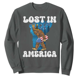 Funny 4th Of July Bigfoot Lost In America Sweatshirt Patriotic Sasquatch Rocket Footprint Fireworks TS11 Dark Heather Print Your Wear