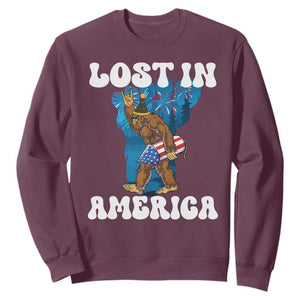Funny 4th Of July Bigfoot Lost In America Sweatshirt Patriotic Sasquatch Rocket Footprint Fireworks TS11 Maroon Print Your Wear