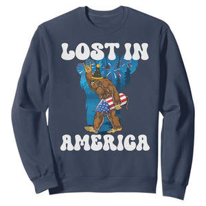 Funny 4th Of July Bigfoot Lost In America Sweatshirt Patriotic Sasquatch Rocket Footprint Fireworks TS11 Navy Print Your Wear