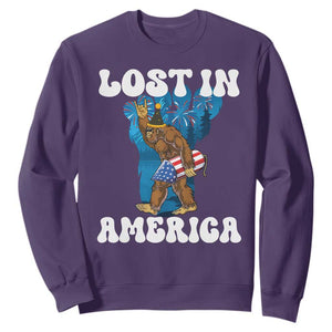 Funny 4th Of July Bigfoot Lost In America Sweatshirt Patriotic Sasquatch Rocket Footprint Fireworks TS11 Purple Print Your Wear