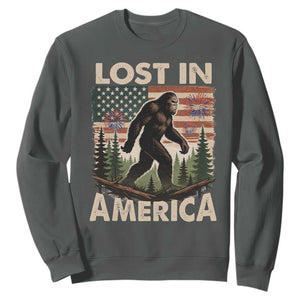 Funny 4th Of July Bigfoot Lost In America Sweatshirt Patriotic Sasquatch US Flag Fireworks TS11 Dark Heather Print Your Wear