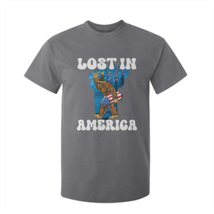 Funny 4th Of July Bigfoot Lost In America T Shirt For Kid Patriotic Sasquatch Rocket Footprint Fireworks TS11 Charcoal Print Your Wear