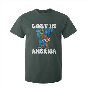 Funny 4th Of July Bigfoot Lost In America T Shirt For Kid Patriotic Sasquatch Rocket Footprint Fireworks TS11 Dark Forest Green Print Your Wear