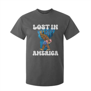 Funny 4th Of July Bigfoot Lost In America T Shirt For Kid Patriotic Sasquatch Rocket Footprint Fireworks TS11 Dark Heather Print Your Wear