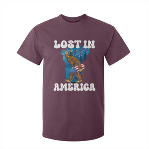 Funny 4th Of July Bigfoot Lost In America T Shirt For Kid Patriotic Sasquatch Rocket Footprint Fireworks TS11 Maroon Print Your Wear