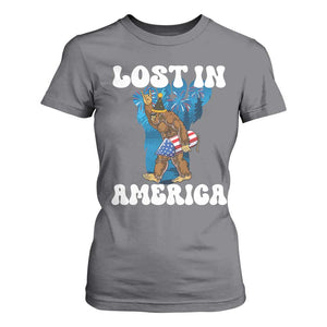 Funny 4th Of July Bigfoot Lost In America T Shirt For Women Patriotic Sasquatch Rocket Footprint Fireworks TS11 Charcoal Print Your Wear